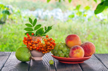 Still life of peach grapes and rowan berries on a wooden table after harvest