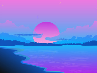 Evening sunset on sea beach landscape. Purple sun hiding behind dark blue clouds against backdrop of purple ocean tide waves tropical vacation on coast vector. © Богдан Скрипник