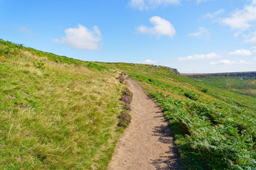 Fototapeta na wymiar Winding footpath across Burbage Moor in Derbyshire in the summer sun