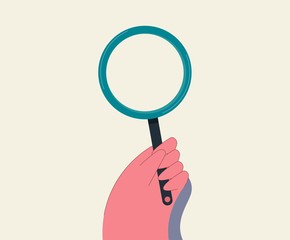 Hand with magnifying glass. Magnification and study of small characters and text detective investigation of minor details viewing technological vector process.