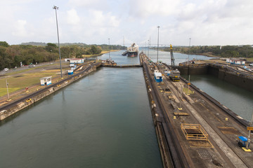 Views of the northernmost of the Gatun Locks of the Panama Canal, Panama