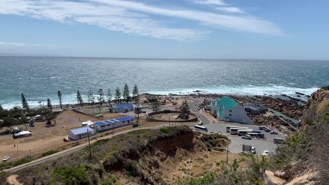 HD summer day video of Mossel Bay, ocean coastal town and its fine old buildings. Mossel Bay is a historical (est. 1848) town in Garden Route of Western Cape Province, South Africa