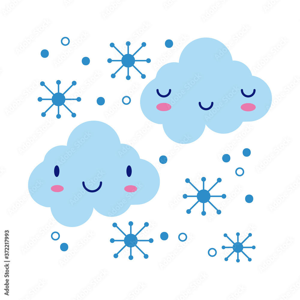 Sticker clouds sky with snowflakes kawaii comic character flat style