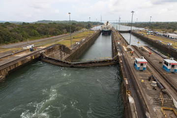 View from the second Gatun lock into the first, Panama Canal, Panama