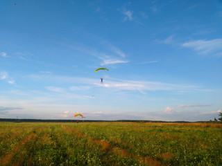 A skydiver with a bright multicolored parachute flies against the background of a blue sky with white sparse clouds and green grass in summer