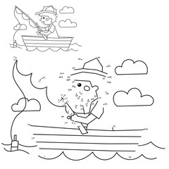 Numbers game for kids. Coloring Page Outline Of a Boy fisherman with a fishing rod in boat. Coloring book for children.