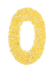 Arabic numeral 0 from grain of millet on isolated white background.