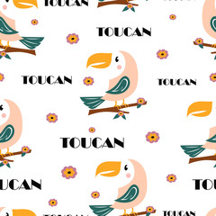 cute cartoon toucan seamless pattern, vector illustration