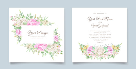 Fototapeta na wymiar beautiful soft floral and leaves wedding invitation card set