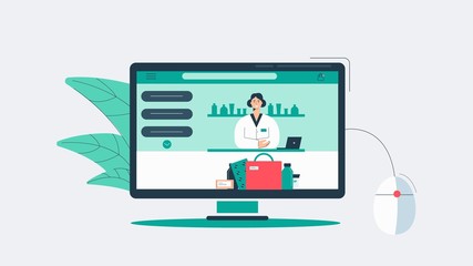 Online pharmacy store. Web purchases and patient consultations with modern drug store website treatment of diseases and taking medications receiving pills injections without leaving vector house.