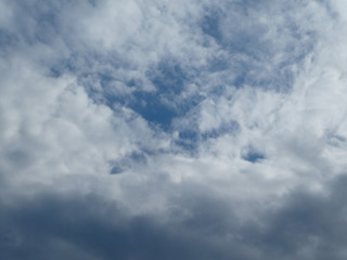 The blue cloudy sky with white clouds background and texture