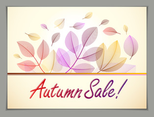 Autumn horizontal banner design, vector yellow and red leaves floral beautiful background, Autumn Sale, advertising poster, brochure or flyer design. Stylish classy botanical drawing, environment.