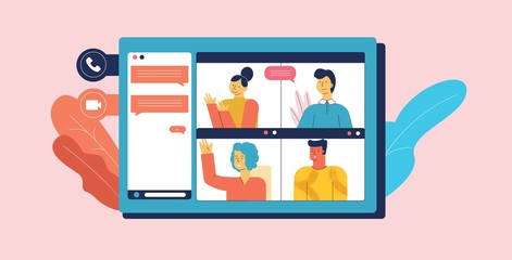 Video conference online. Web communication and presentation with colleagues professional training seminar Internet discussion of business project conversation friends without leaving vector house.