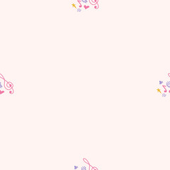 Cartoon cute doodles hand drawn Musical seamless pattern. Colorful detailed. Bright colors backdrop with music symbols and items