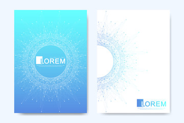 Modern vector template for brochure, leaflet, flyer, advert, cover, catalog, magazine or annual report. Business, science, medical design. Scientific cybernetic dots. Lines plexus. Card surface.