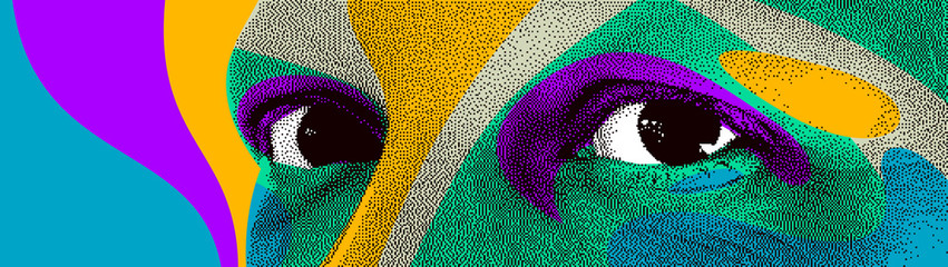 Looking eyes 8 bit dotted design style vector abstraction, human face stylized design element, with colorful splats. - obrazy, fototapety, plakaty