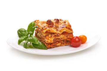 Traditional Homemade Italian Lasagna, isolated on white background