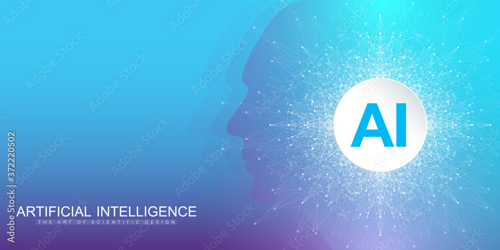 Poster Artificial Intelligence and Machine Learning Vector Concept in Neural Network. AI Web Banner Design with Human Face. Wave Flow Communication. Digital Network for Artificial Intelligence Deep Learning.