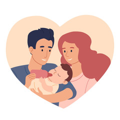 Mom and Dad feed their son from a bottle. Vector illustration in a flat style isolated on a beige heart. Loving couple, honeymooners with a baby in her arms. Family,love, fatherhood and motherhood.