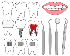 Set dental treatment of healthy and sick teeth jaw dental tools graphic black whit white color vector illustration.