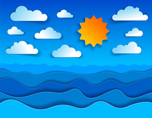 Beautiful seascape in paper cut style, curvy lines of waves and clouds in the sky, perfect modern vector illustration.