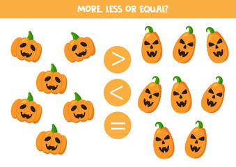 More, less or equal with spooky Halloween pumpkins.
