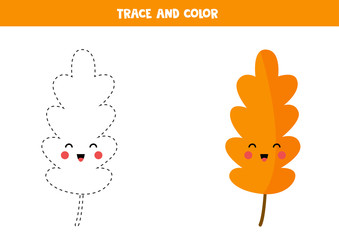 Tracing and coloring book with kawaii leaf for kids.