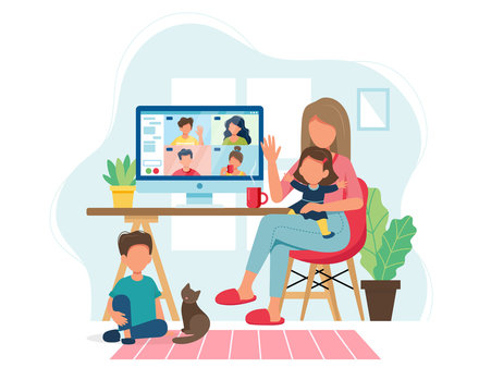 Stay home concept. Woman with kids calling friends via video conference in cozy modern interior. illustration in flat style
