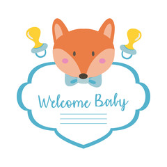 baby shower frame card with little fox and welcome baby lettering hand draw style