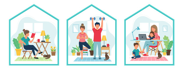 Fototapeta premium Stay home concept. People doing sport, reading, working from home in cozy modern interior. illustration in flat style