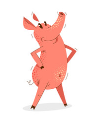 Funny cartoon pig standing confident and humorous vector illustration, animal character swine drawing.
