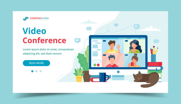 Computer with group of people doing video conference. Online meeting via group call, landing page illustration in flat style