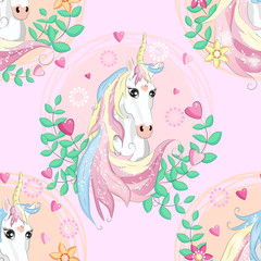 seamless pattern with cute unicorns, clouds,rainbow and stars. Magic background with little unicorns.