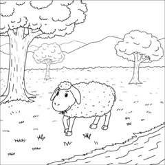 A drawing of a goat walking by the river