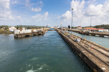 Views of the third of the Gatun Locks of the Panama Canal, Panama