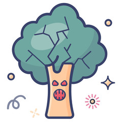 
Flat icon of apple scary tree with happy facial expression  
