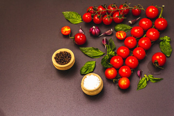 Ripe cherry tomatoes, garlic, basil, salt and black peppercorns on a black stone culinary background