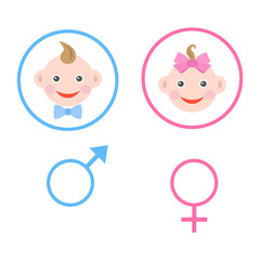 illustration of boy and girl head in pink and blue circle with symbols