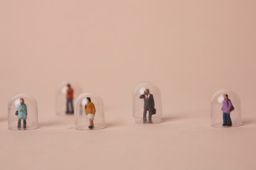 no contact concept: miniature people in the shield 