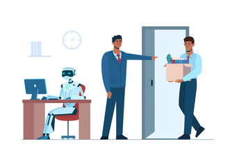 Ai, technologies of the future. Artificial intelligence has replaced human, he lost his job due to robotics. The robot is in the workplace, and black man africans is fired. Flat vector isolated