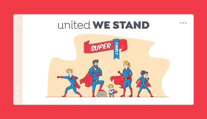 Super Family Landing Page Template. Mommy, Daddy and Children in Superhero Costumes Posing. Characters Super Heroes