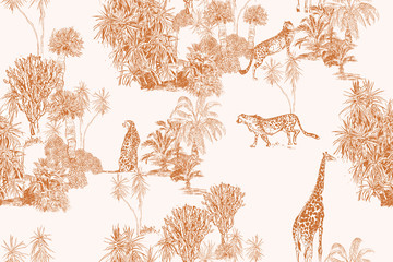 Safari Wildlife Cheetah, Giraffe in Exotic African Plants Engraving Doodle Drawing, Tropical Wallpaper Mural Toile Seamless Pattern