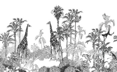 Seamless Border Wildlife in Tropics Toile, Engraving Drawing Exotic Palms and Giraffes, Monkeys, Cheetah Black and white on White Background - 372226365
