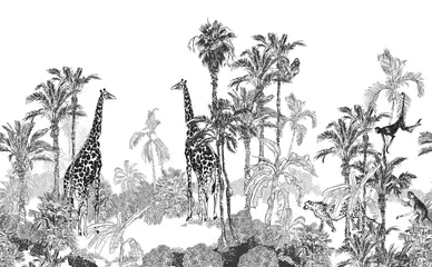  Seamless Border Wildlife in Tropics Toile, Engraving Drawing Exotic Palms and Giraffes, Monkeys, Cheetah Black and white on White Background © Irina