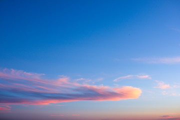 The sky at sunset. Blue and pink sky with clouds