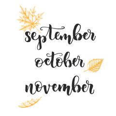 Autumn lettering calligraphy - september, october, november. Set of Autumn month and hand drawn leaves-chestnut, birch, oak isolated on white. Sketch, Vector