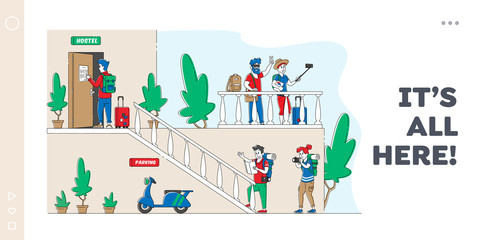 People Check in Hostel Landing Page Template. Tourist Characters Move in Motel for Staying at Night, Cheap Accommodation