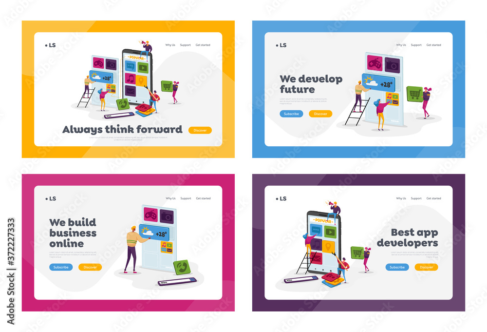 Poster application for mobile landing page template set. tiny characters work at huge smartphone put app ic