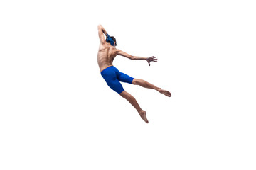 Ductile. Male modern ballet dancer, art contemp performance, blue and white combination of emotions. Flexibility, grace in motion, action on white background. Fashion and beauty, artwork concept.