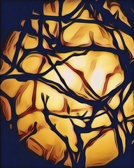 Illustration of moon behind branches